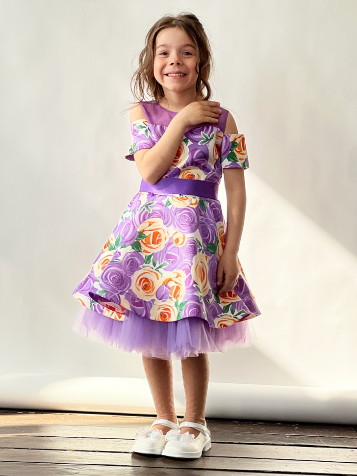 Платье для девочки нарядное БУШОН ST31, стиляги цвет сирень/желтый пояс сирень, принт цветы 