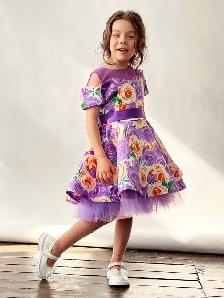 Платье для девочки нарядное БУШОН ST31, стиляги цвет сирень/желтый пояс сирень, принт цветы 