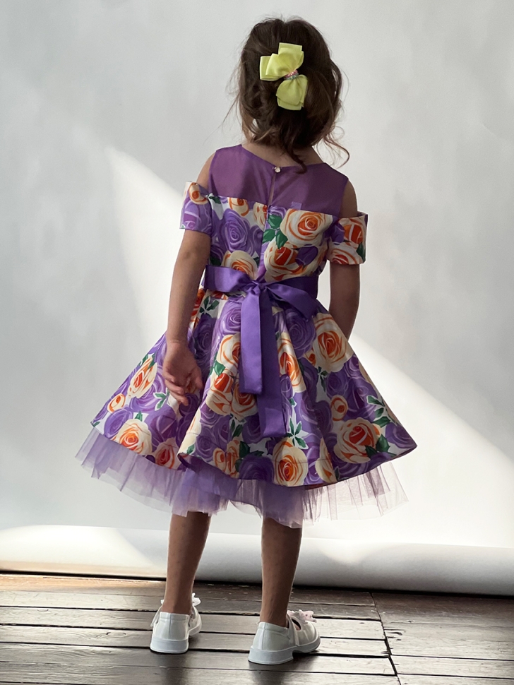 Платье для девочки нарядное БУШОН ST31, стиляги цвет сирень/желтый пояс сирень, принт цветы 