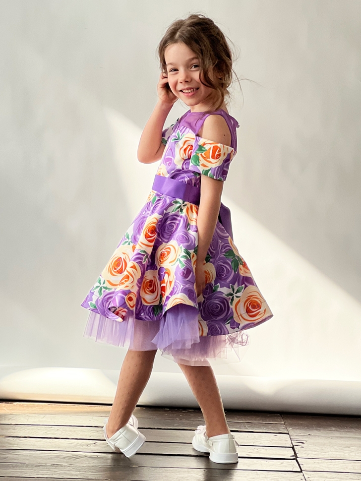 Платье для девочки нарядное БУШОН ST31, стиляги цвет сирень/желтый пояс сирень, принт цветы 