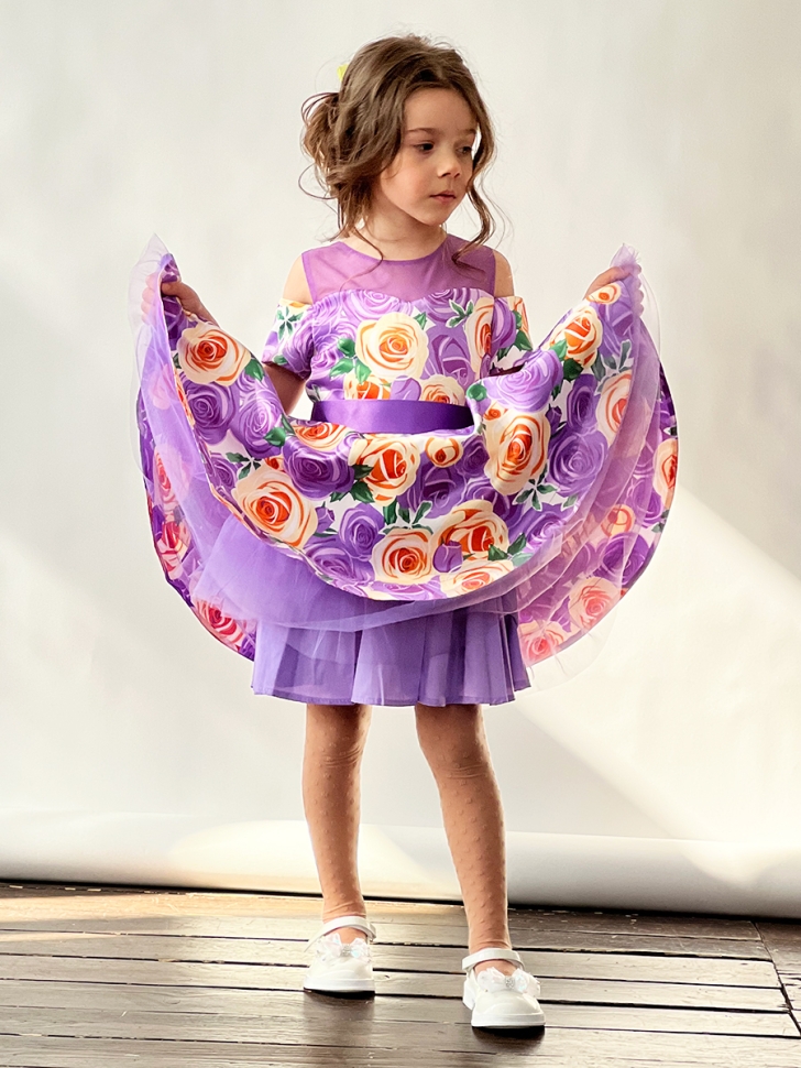 Платье для девочки нарядное БУШОН ST31, стиляги цвет сирень/желтый пояс сирень, принт цветы 