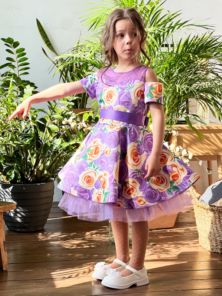 Платье для девочки нарядное БУШОН ST31, стиляги цвет сирень/желтый пояс сирень, принт цветы 