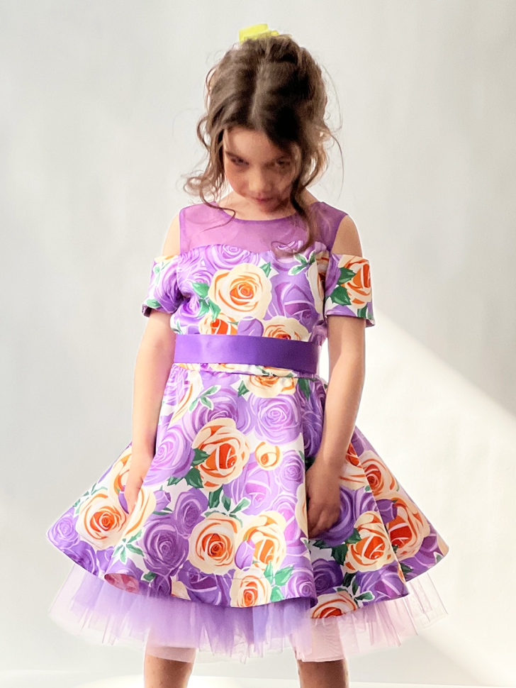 Платье для девочки нарядное БУШОН ST31, стиляги цвет сирень/желтый пояс сирень, принт цветы 