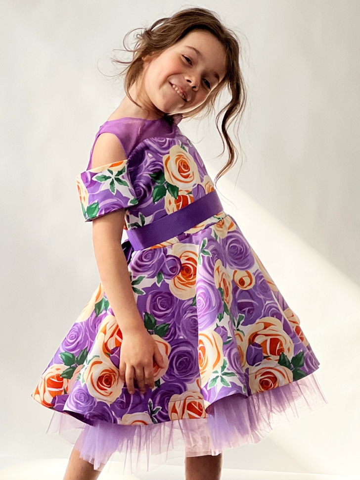 Платье для девочки нарядное БУШОН ST31, стиляги цвет сирень/желтый пояс сирень, принт цветы 