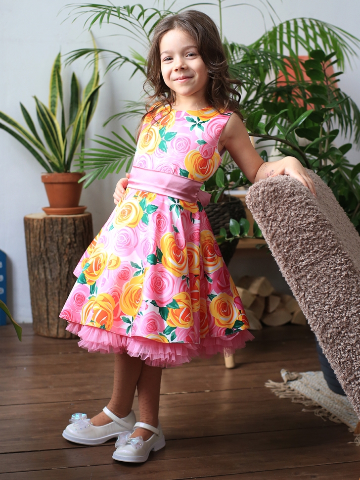 Платье для девочки нарядное БУШОН ST30, стиляги цвет розовый/желтый пояс розовый, принт цветы