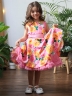 Платье для девочки нарядное БУШОН ST30, стиляги цвет розовый/желтый пояс розовый, принт цветы