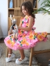 Платье для девочки нарядное БУШОН ST30, стиляги цвет розовый/желтый пояс розовый, принт цветы