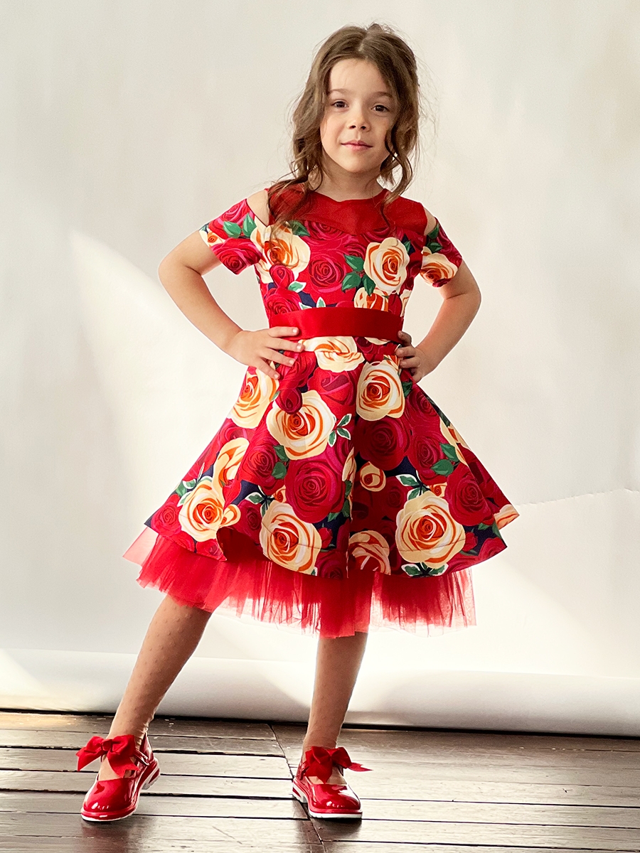 Платье для девочки нарядное БУШОН ST31, стиляги цвет красный/желтый пояс красный, принт цветы 