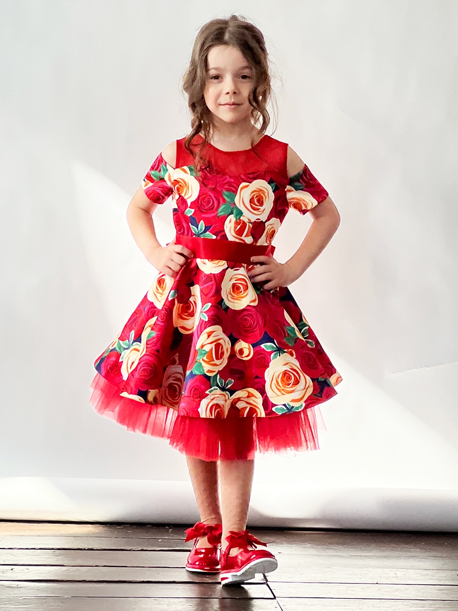 Платье для девочки нарядное БУШОН ST31, стиляги цвет красный/желтый пояс красный, принт цветы 
