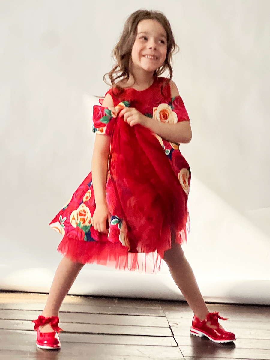 Платье для девочки нарядное БУШОН ST31, стиляги цвет красный/желтый пояс красный, принт цветы 