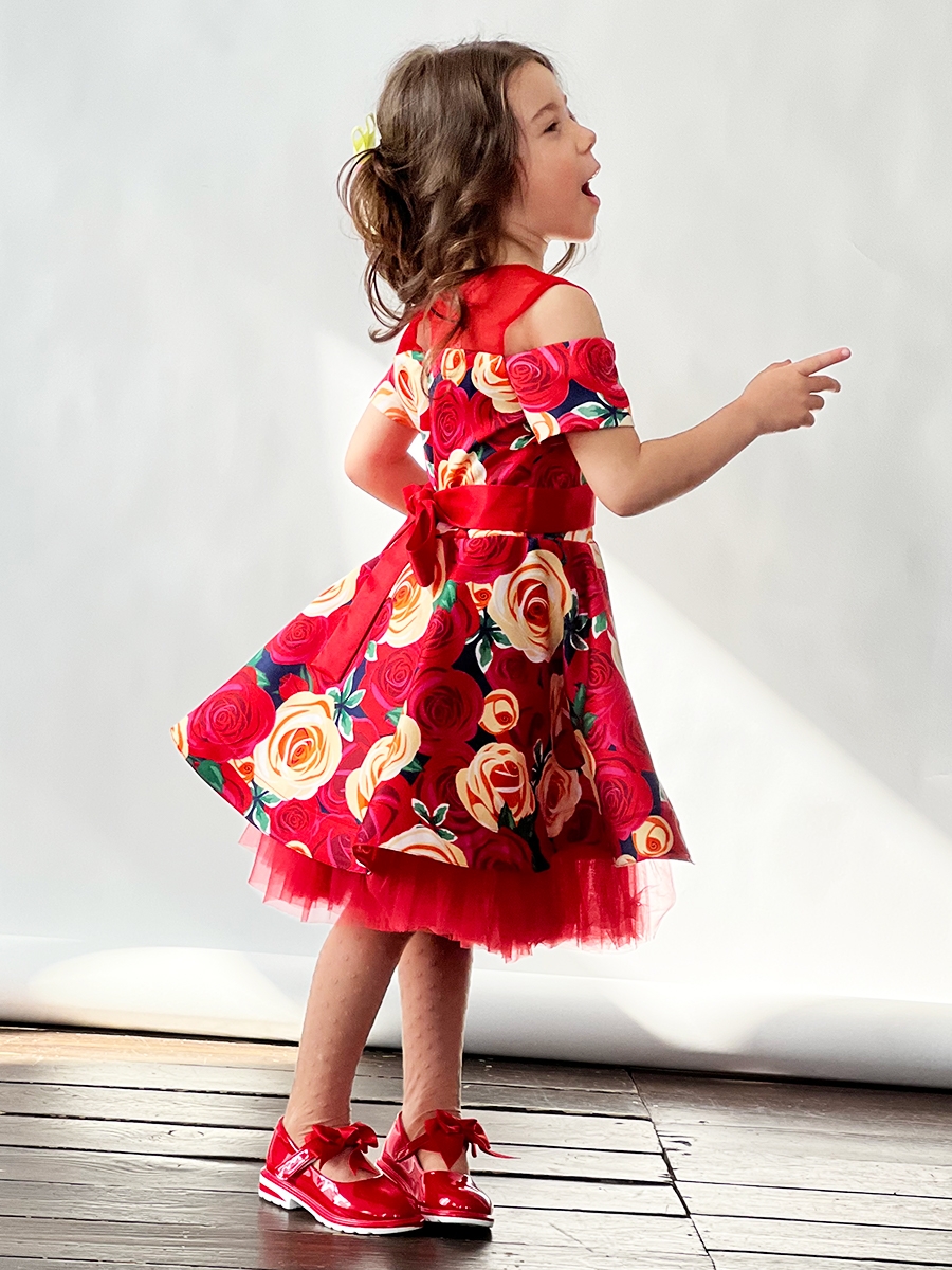 Платье для девочки нарядное БУШОН ST31, стиляги цвет красный/желтый пояс красный, принт цветы 