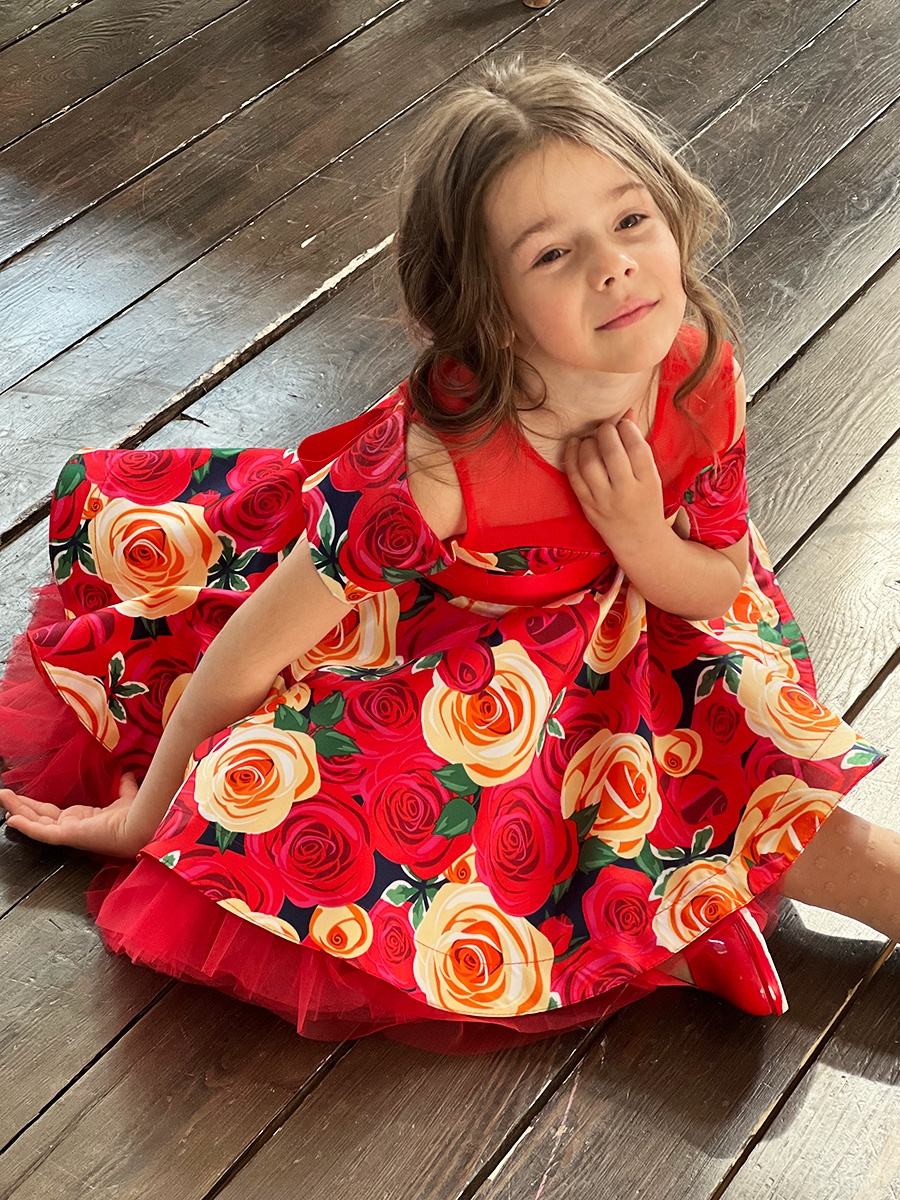 Платье для девочки нарядное БУШОН ST31, стиляги цвет красный/желтый пояс красный, принт цветы 