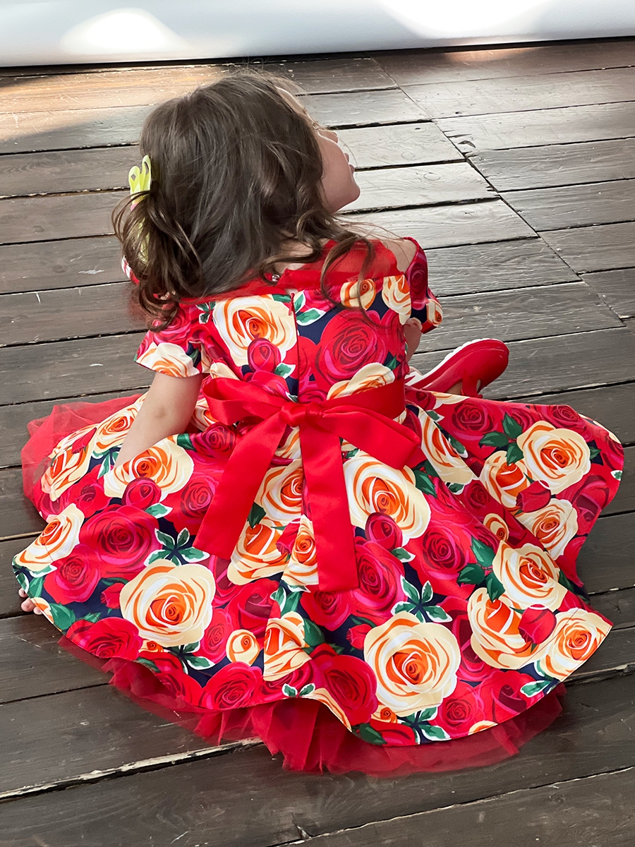 Платье для девочки нарядное БУШОН ST31, стиляги цвет красный/желтый пояс красный, принт цветы 