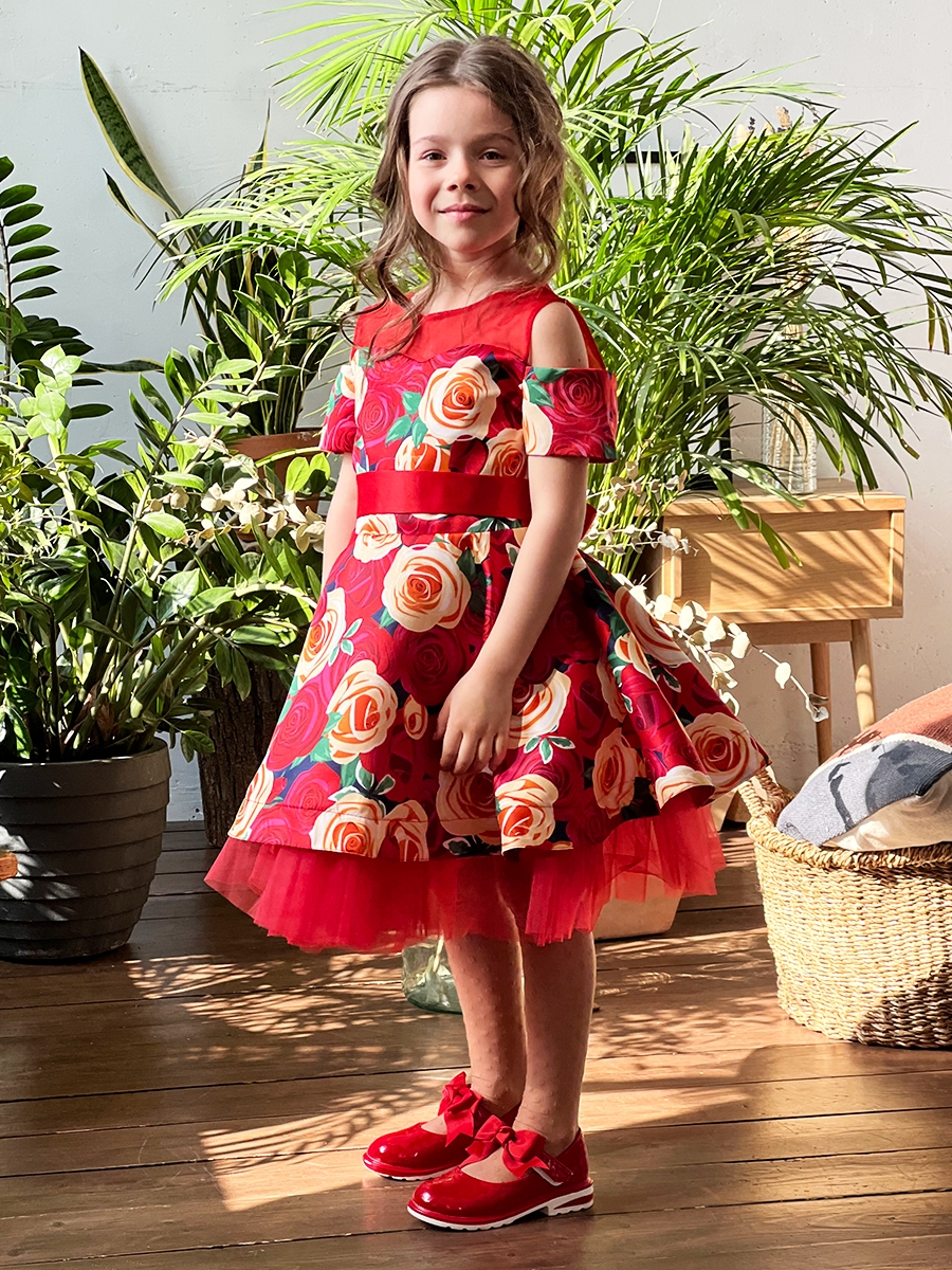 Платье для девочки нарядное БУШОН ST31, стиляги цвет красный/желтый пояс красный, принт цветы 