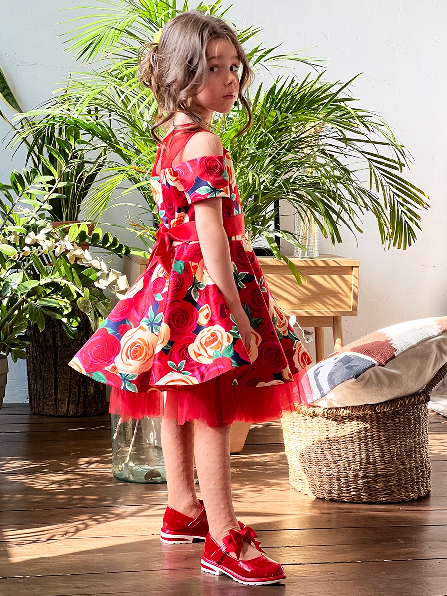 Платье для девочки нарядное БУШОН ST31, стиляги цвет красный/желтый пояс красный, принт цветы 