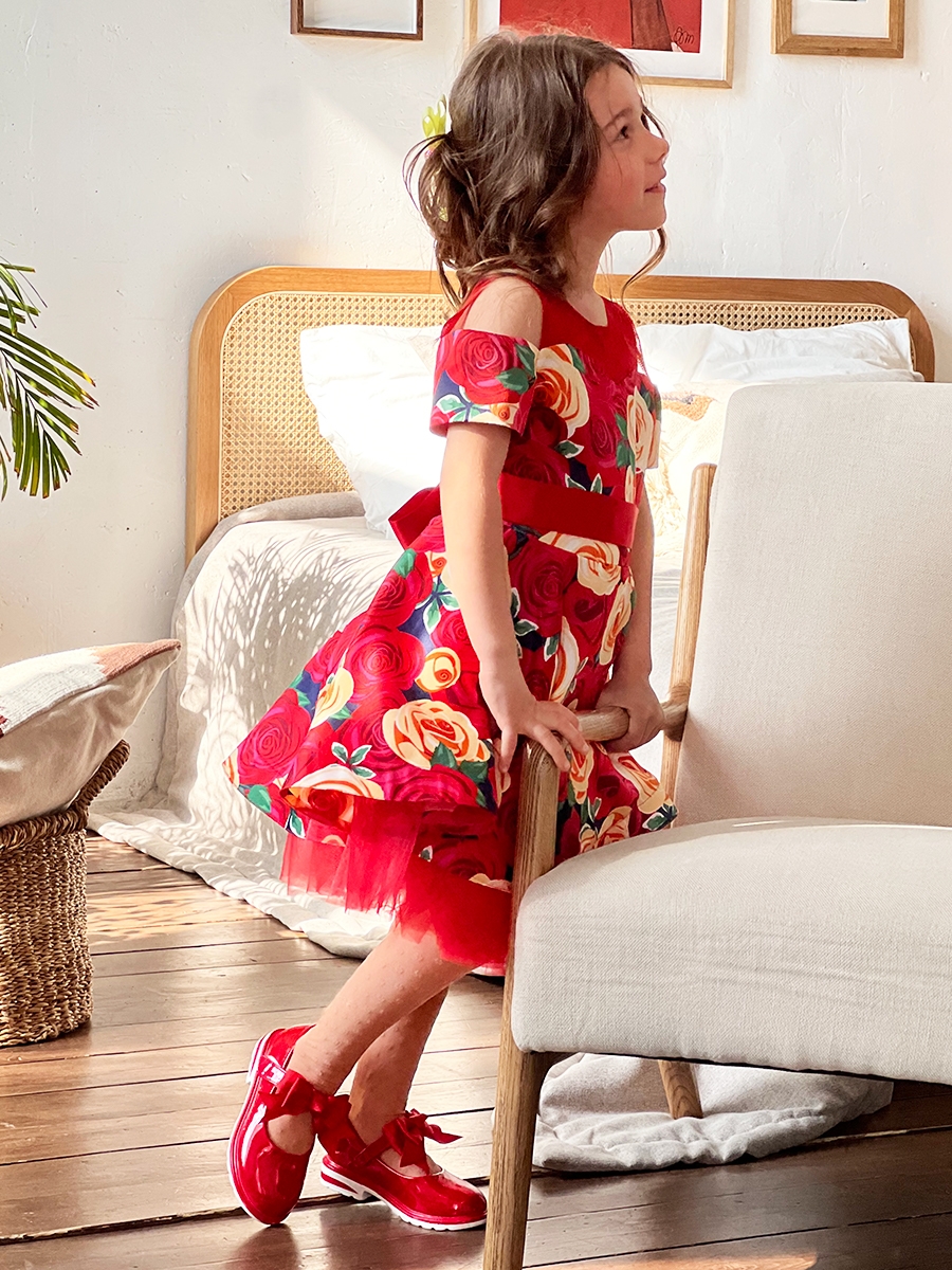 Платье для девочки нарядное БУШОН ST31, стиляги цвет красный/желтый пояс красный, принт цветы 