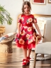 Платье для девочки нарядное БУШОН ST31, стиляги цвет красный/желтый пояс красный, принт цветы 