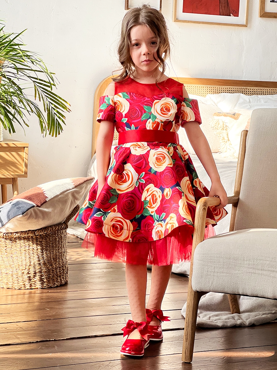 Платье для девочки нарядное БУШОН ST31, стиляги цвет красный/желтый пояс красный, принт цветы 