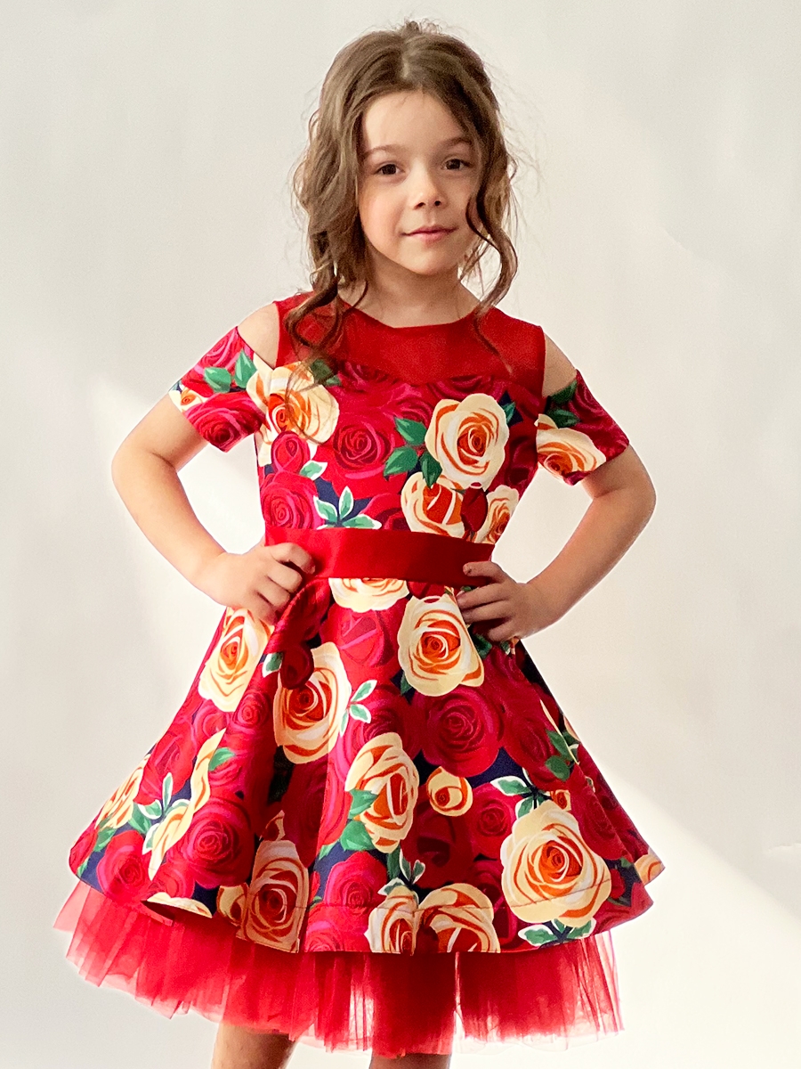 Платье для девочки нарядное БУШОН ST31, стиляги цвет красный/желтый пояс красный, принт цветы 