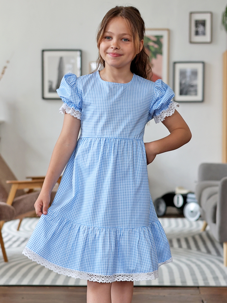 Платье для девочки прованс БУШОН XB881, цвет голубой/белый клетка