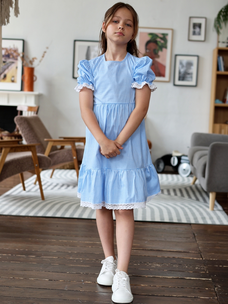 Платье для девочки прованс БУШОН XB881, цвет голубой/белый клетка