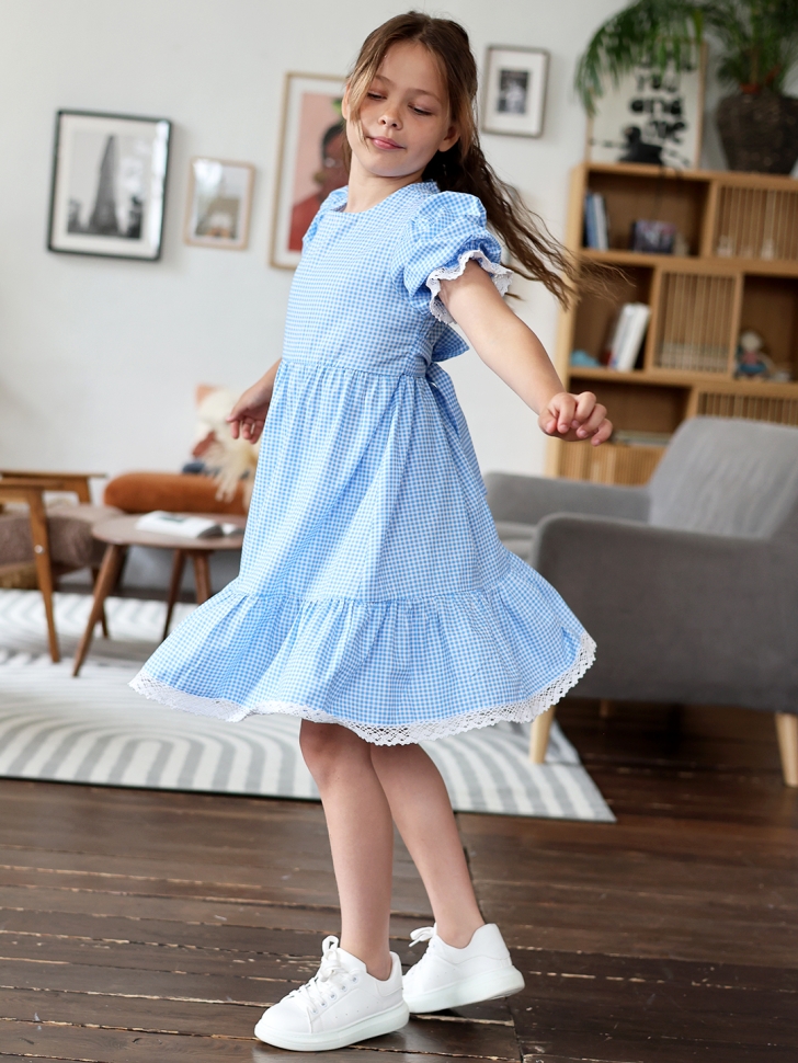 Платье для девочки прованс БУШОН XB881, цвет голубой/белый клетка