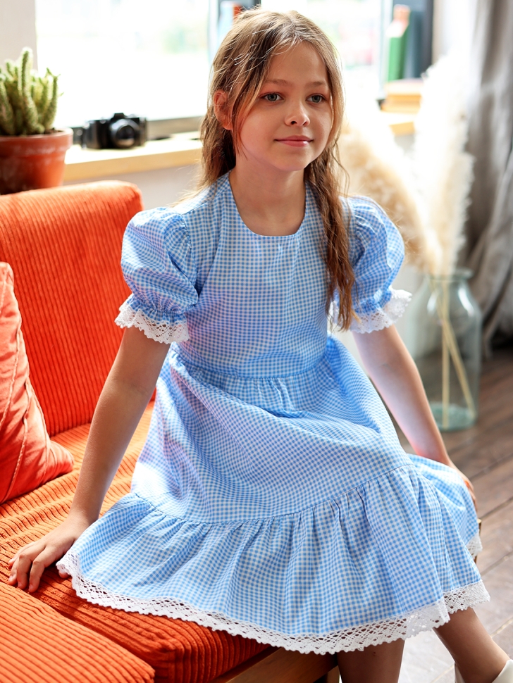 Платье для девочки прованс БУШОН XB881, цвет голубой/белый клетка