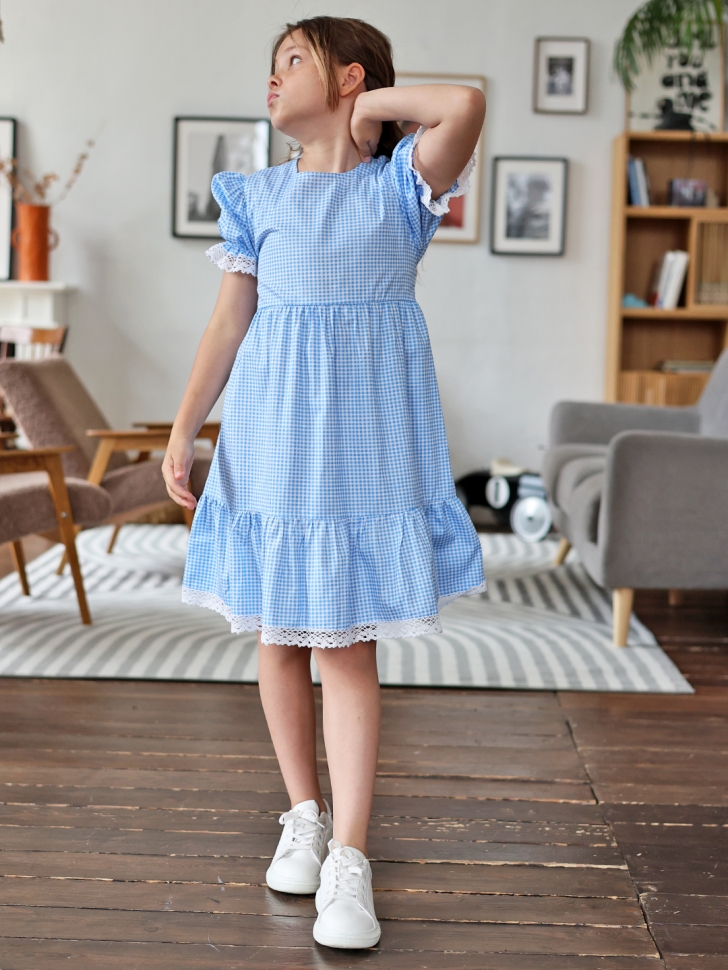 Платье для девочки прованс БУШОН XB881, цвет голубой/белый клетка