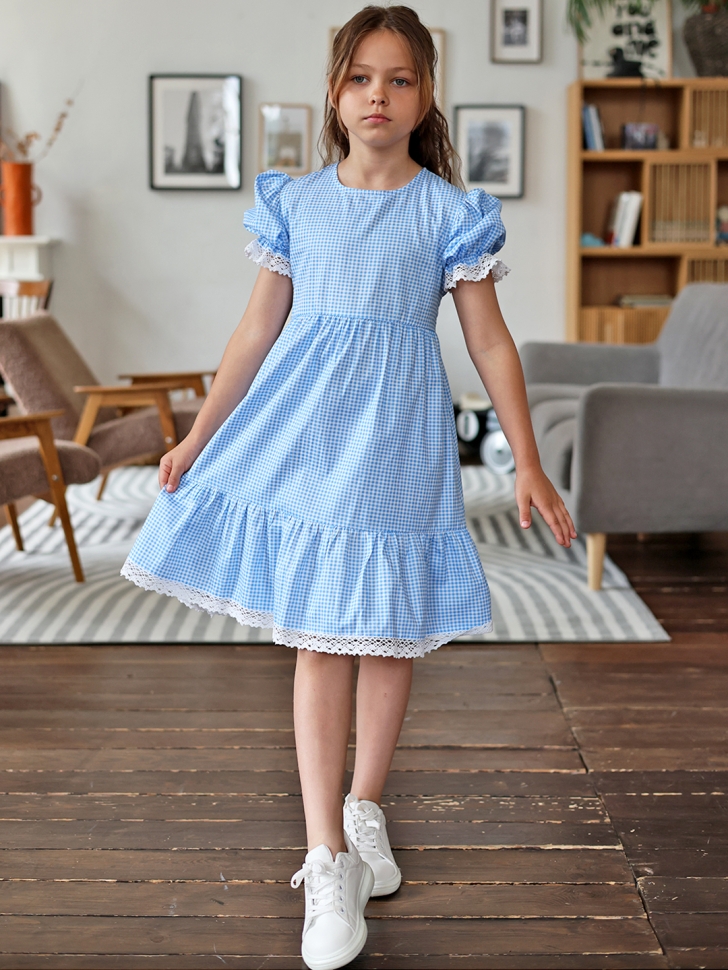 Платье для девочки прованс БУШОН XB881, цвет голубой/белый клетка