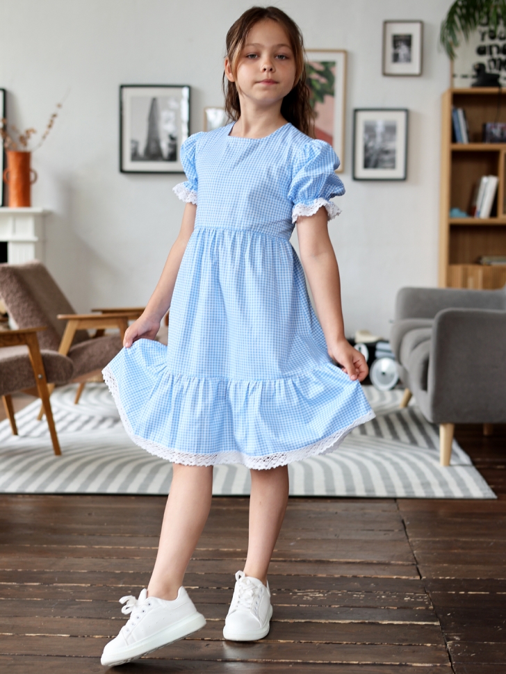 Платье для девочки прованс БУШОН XB881, цвет голубой/белый клетка