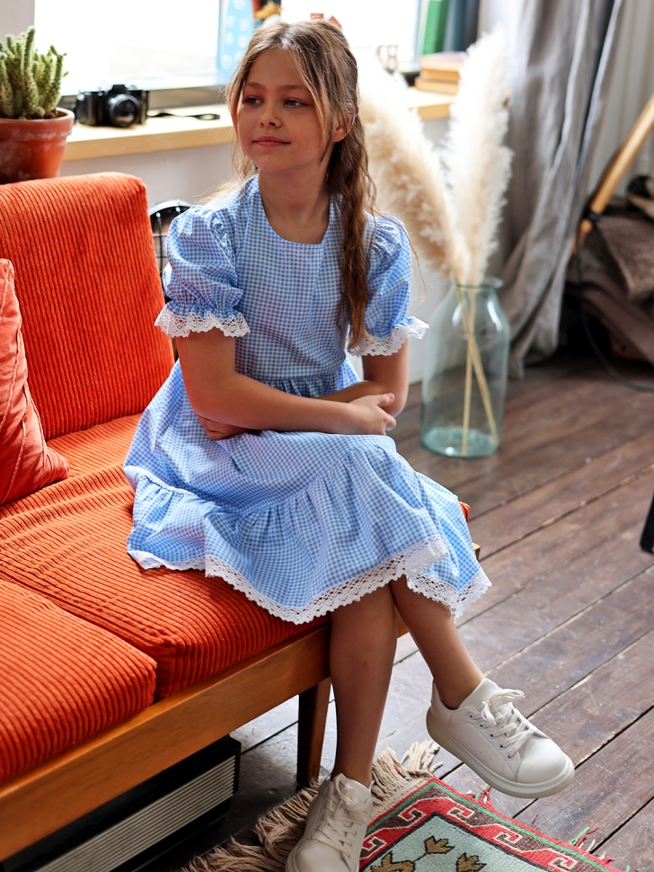 Платье для девочки прованс БУШОН XB881, цвет голубой/белый клетка