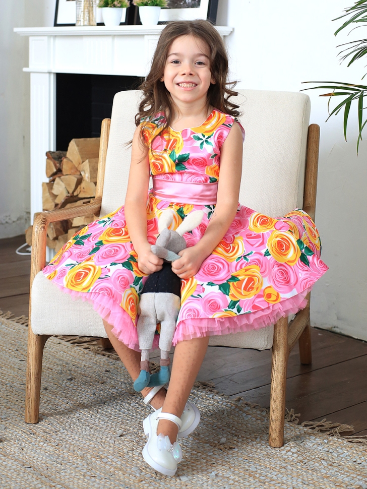 Платье для девочки нарядное БУШОН ST30, стиляги цвет розовый/желтый пояс бирюзовый, принт цветы