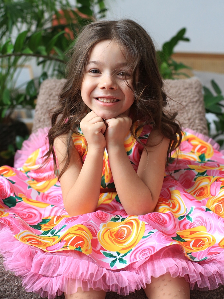 Платье для девочки нарядное БУШОН ST30, стиляги цвет розовый/желтый пояс бирюзовый, принт цветы