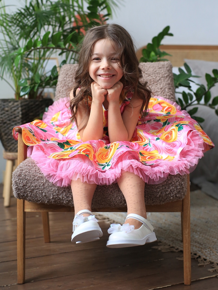 Платье для девочки нарядное БУШОН ST30, стиляги цвет розовый/желтый пояс бирюзовый, принт цветы