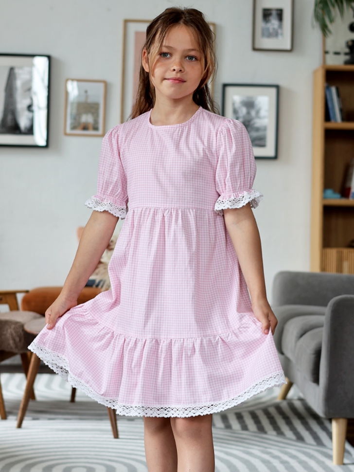 Платье для девочки прованс БУШОН XB881, цвет розовый/белый клетка