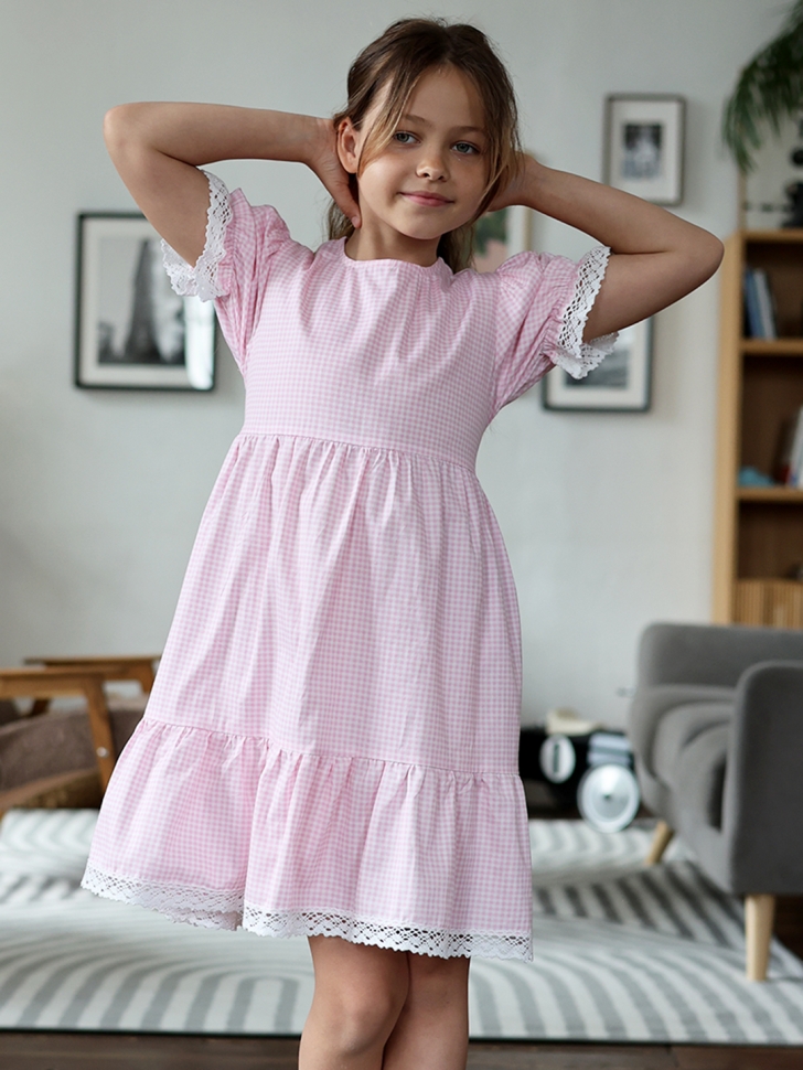 Платье для девочки прованс БУШОН XB881, цвет розовый/белый клетка