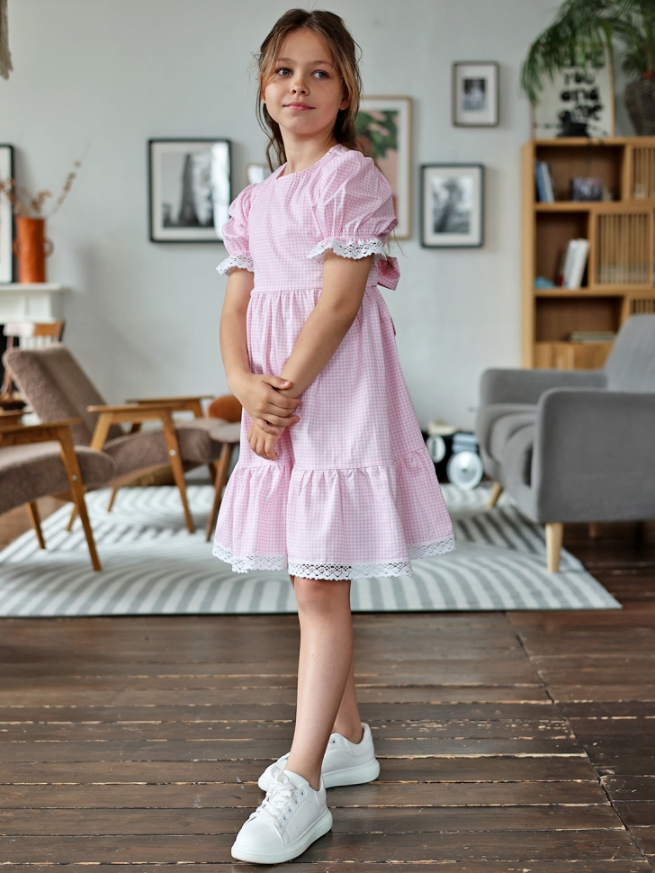 Платье для девочки прованс БУШОН XB881, цвет розовый/белый клетка