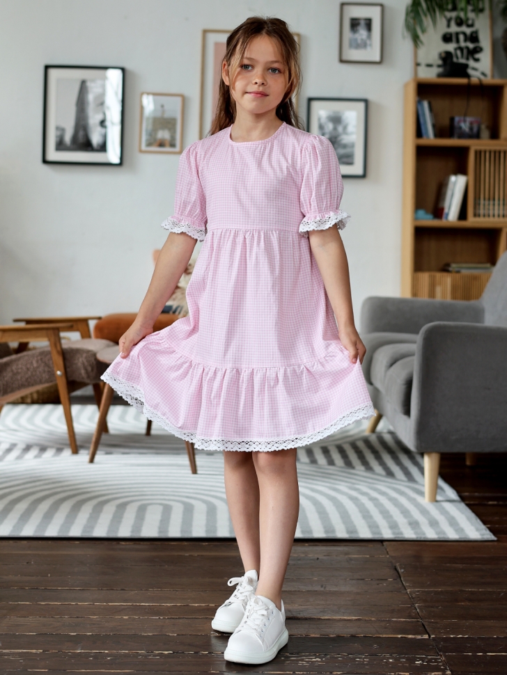 Платье для девочки прованс БУШОН XB881, цвет розовый/белый клетка