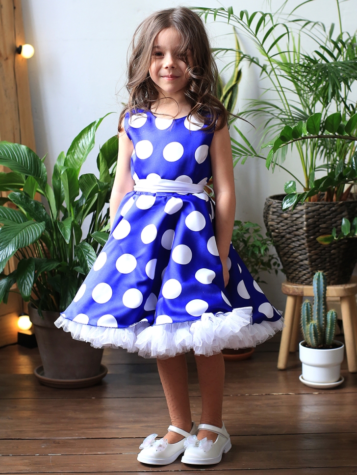 Платье для девочки нарядное БУШОН ST20, стиляги цвет василек, белый пояс, принт белый горох 