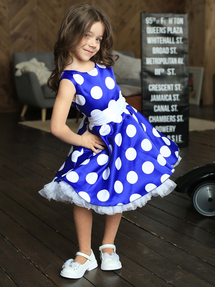 Платье для девочки нарядное БУШОН ST20, стиляги цвет василек, белый пояс, принт белый горох 