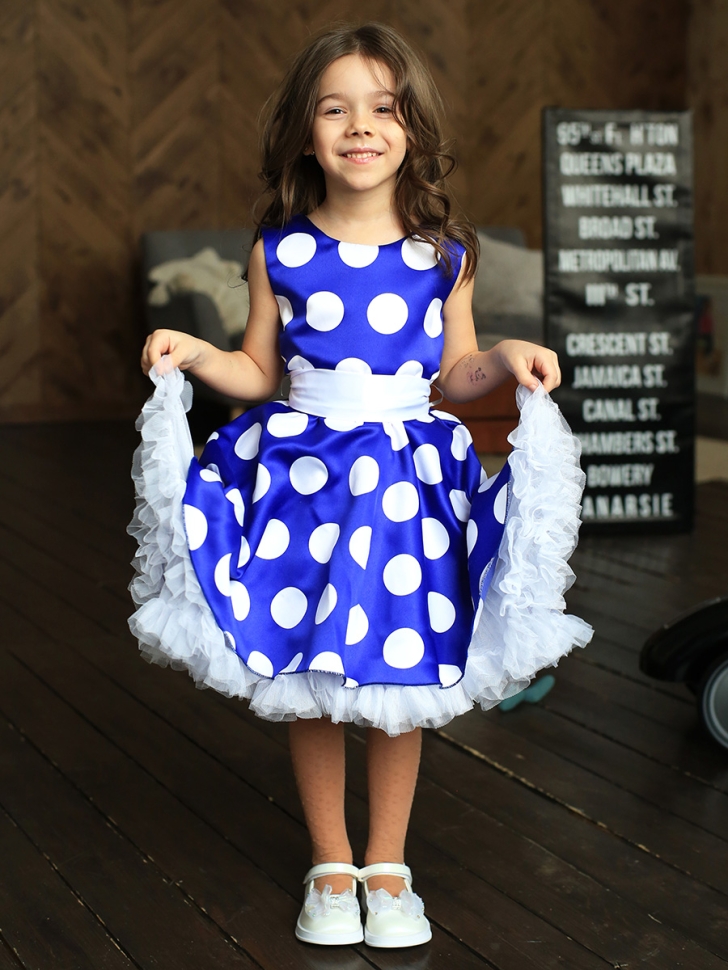 Платье для девочки нарядное БУШОН ST20, стиляги цвет василек, белый пояс, принт белый горох 