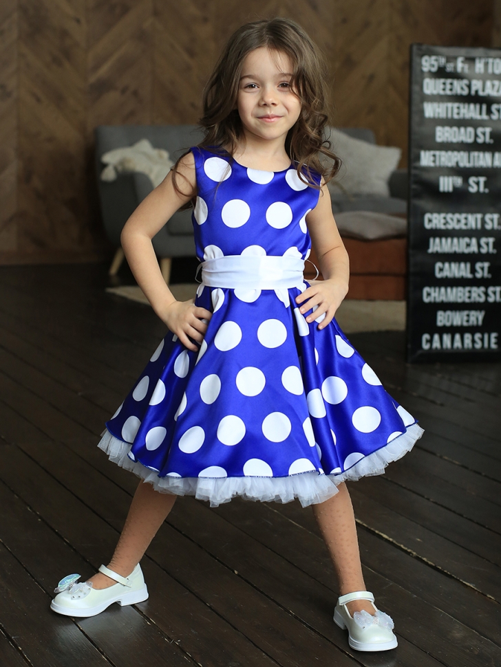 Платье для девочки нарядное БУШОН ST20, стиляги цвет василек, белый пояс, принт белый горох 