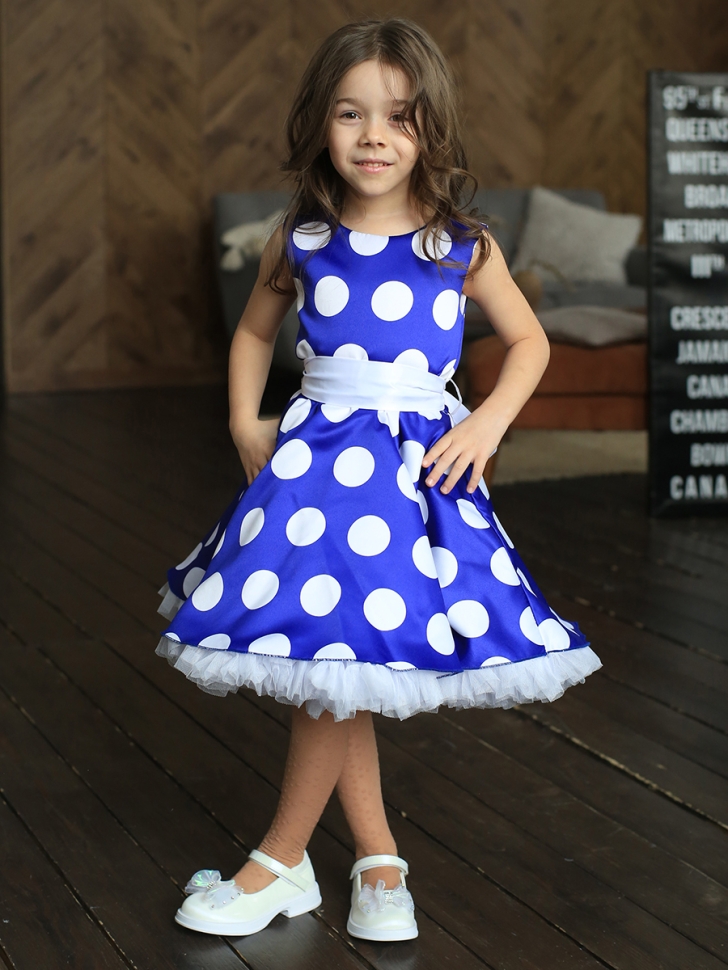 Платье для девочки нарядное БУШОН ST20, стиляги цвет василек, белый пояс, принт белый горох 