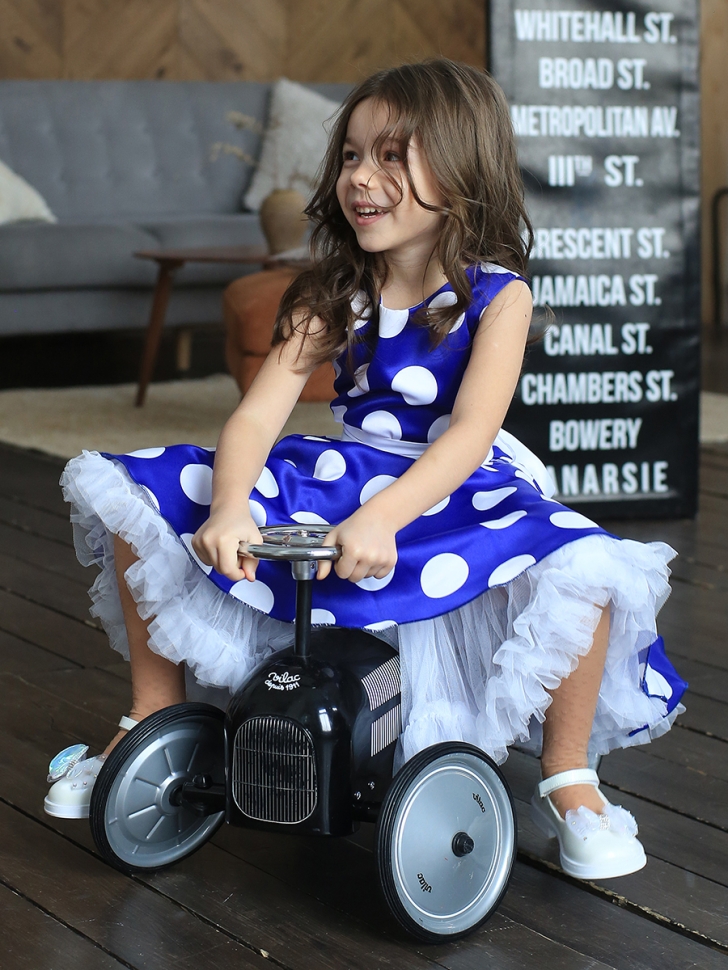 Платье для девочки нарядное БУШОН ST20, стиляги цвет василек, белый пояс, принт белый горох 