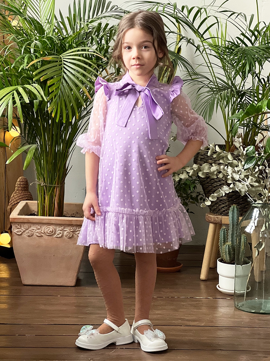 Платье для девочки нарядное БУШОН ST50, цвет сирень, бант, горошек/однотонный 