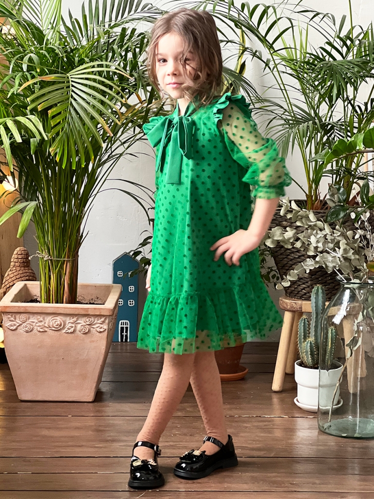 Платье для девочки нарядное БУШОН ST50, цвет зеленый, бант, горошек/однотонный 