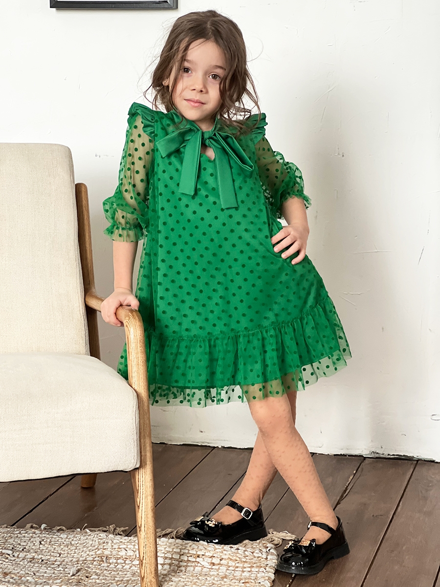 Платье для девочки нарядное БУШОН ST50, цвет зеленый, бант, горошек/однотонный 