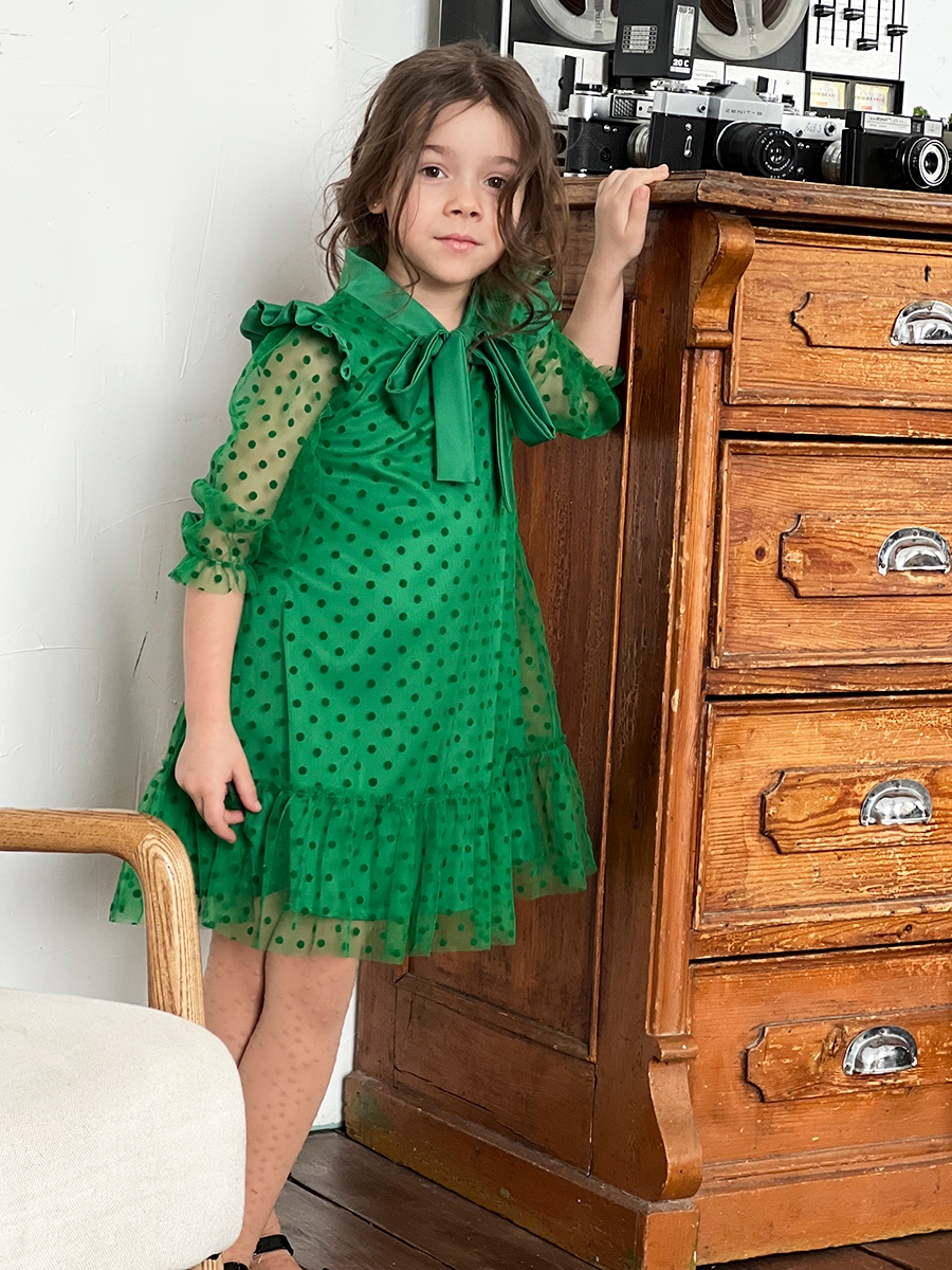 Платье для девочки нарядное БУШОН ST50, цвет зеленый, бант, горошек/однотонный 