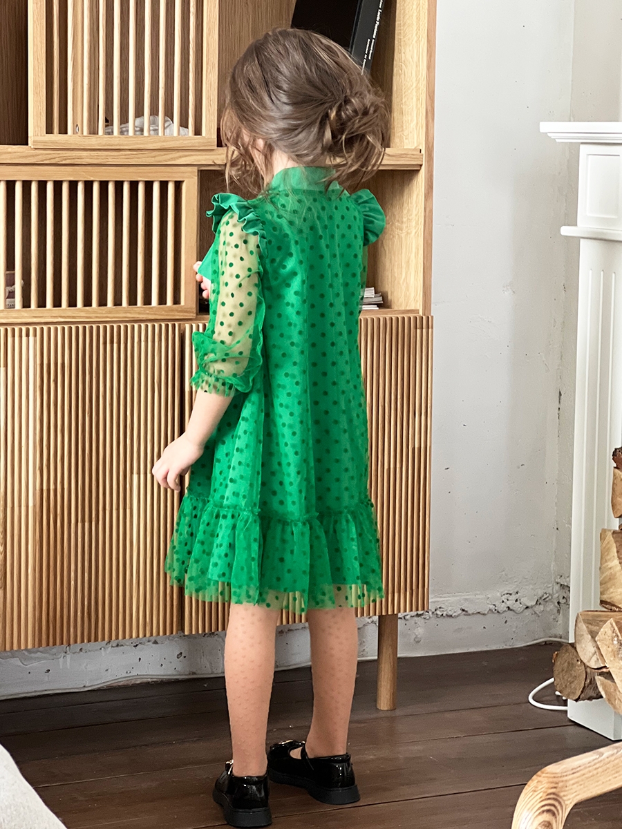 Платье для девочки нарядное БУШОН ST50, цвет зеленый, бант, горошек/однотонный 