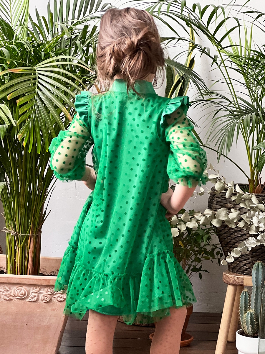 Платье для девочки нарядное БУШОН ST50, цвет зеленый, бант, горошек/однотонный 